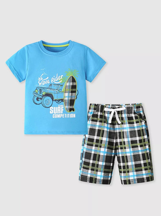Children's Surf Rider Graphic Tee & Plaid Shorts Set - PBNJ FASHIONS