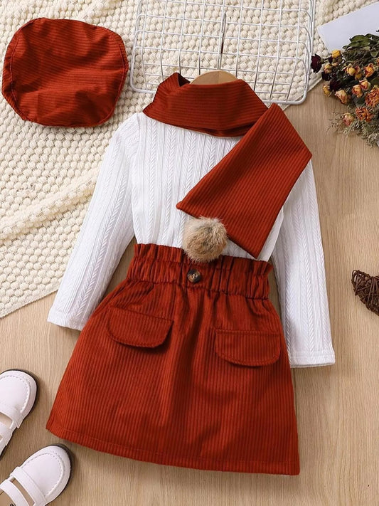 Children's Texture Knit Top and Skirt Set with Scarf & Beret - PBNJ FASHIONS
