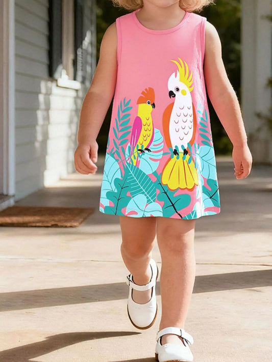 Children's Tropical Parrot Print Sleeveless Dress - PBNJ FASHIONS