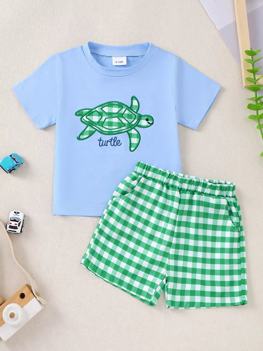 Children's Turtle Round Neck Top and Gingham Shorts Set - PBNJ FASHIONS