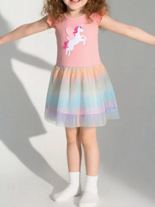 Children's Unicorn Applique Rainbow Tulle Dress - PBNJ FASHIONS