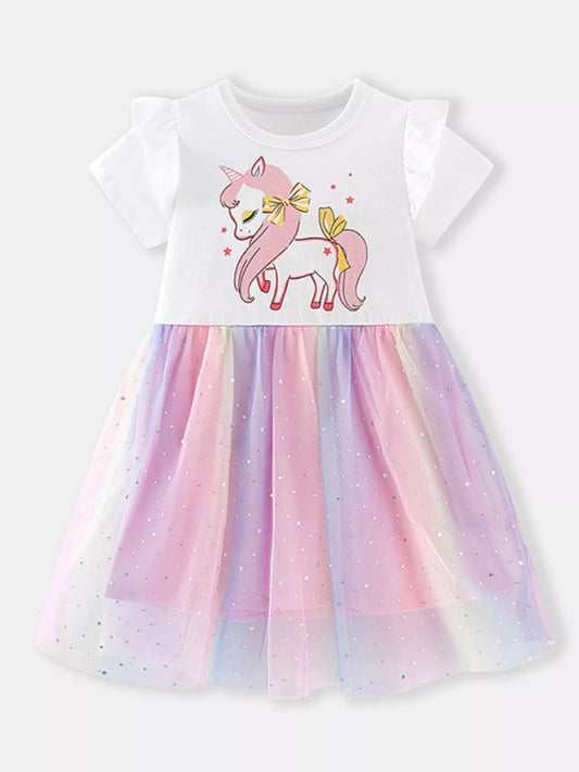 Children's Unicorn Print Rainbow Tulle Dress - PBNJ FASHIONS