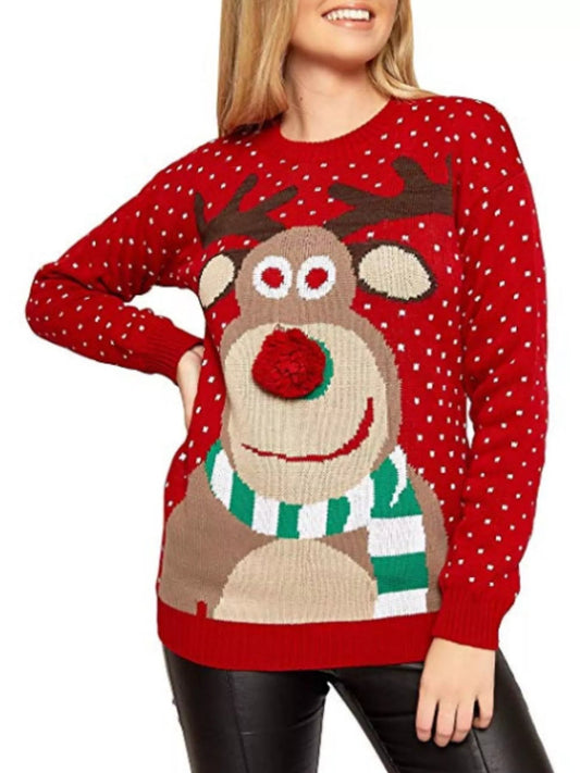 Christmas Reindeer Graphic Round Neck Sweater - PBNJ FASHIONS