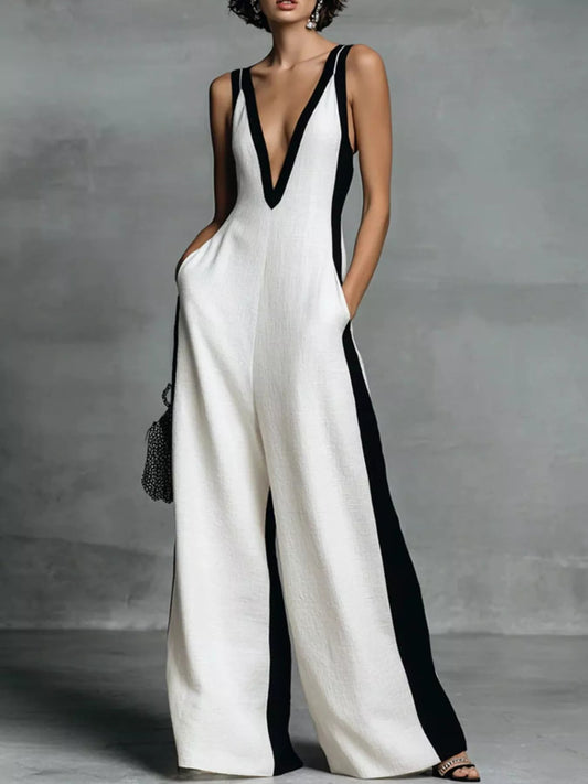 Contrast Trim V-Neck Sleeveless Jumpsuit - PBNJ FASHIONS