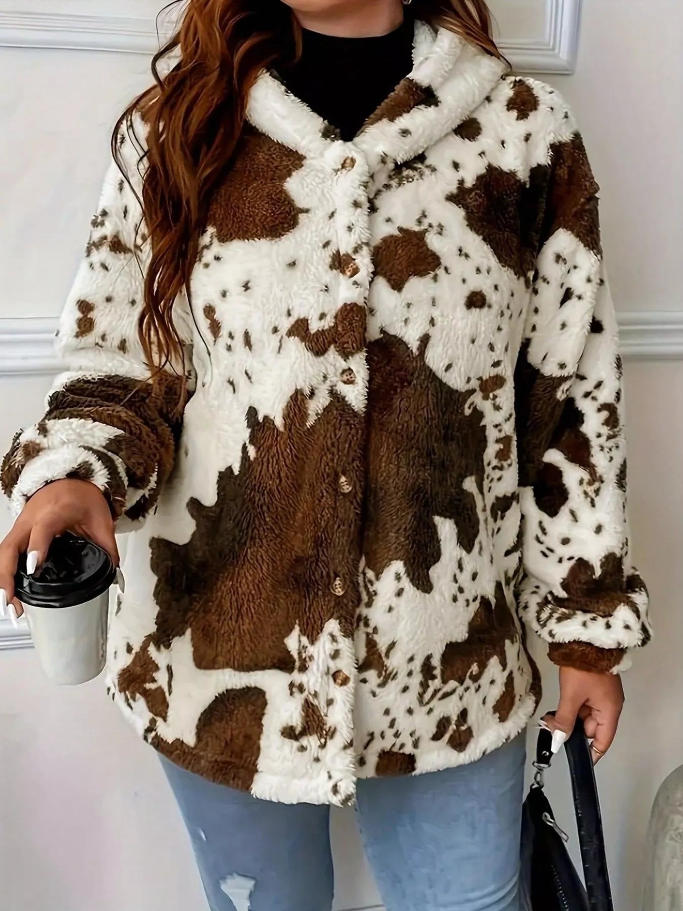 Cow Print Plush Hooded Outerwear - PBNJ FASHIONS