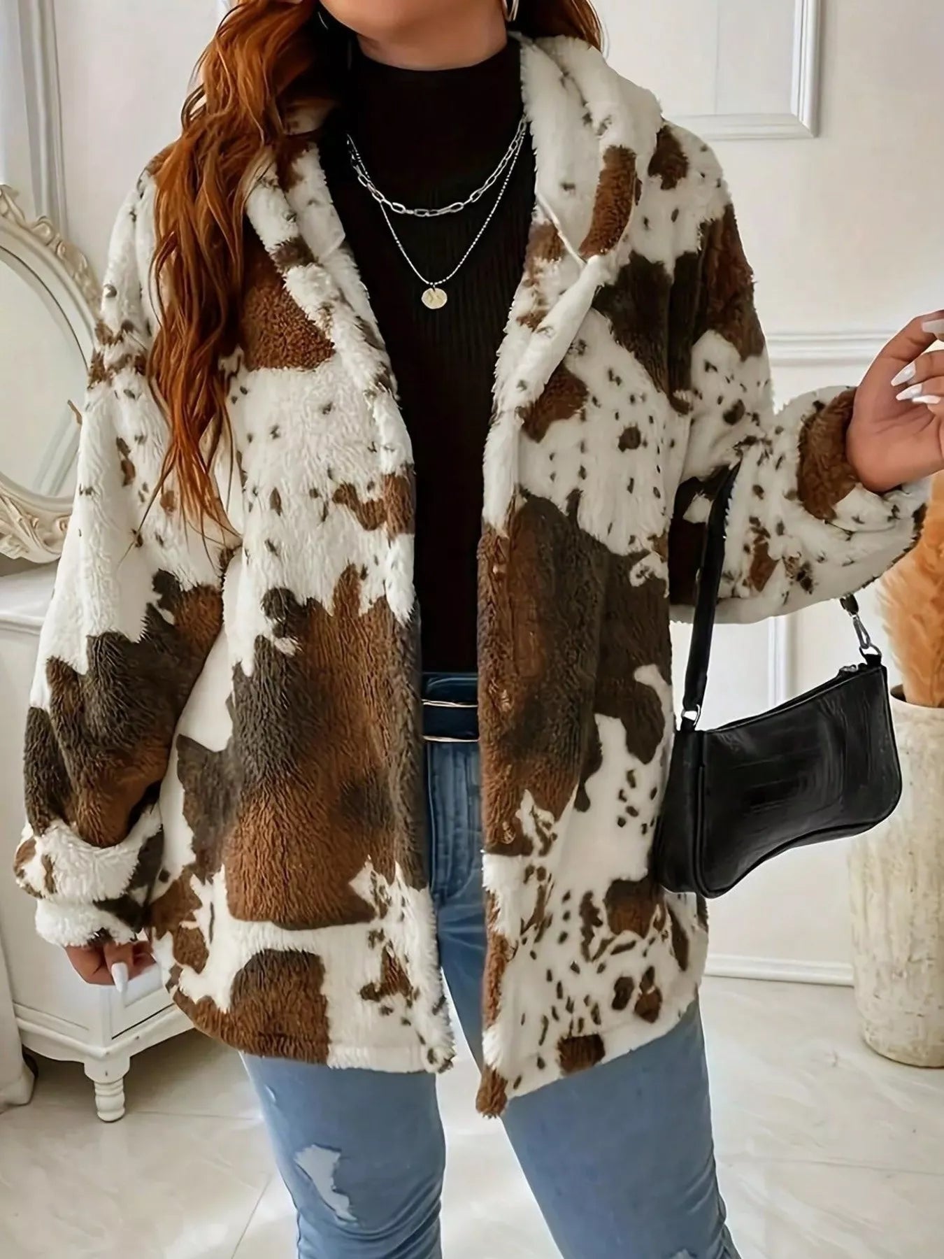Cow Print Plush Hooded Outerwear - PBNJ FASHIONS