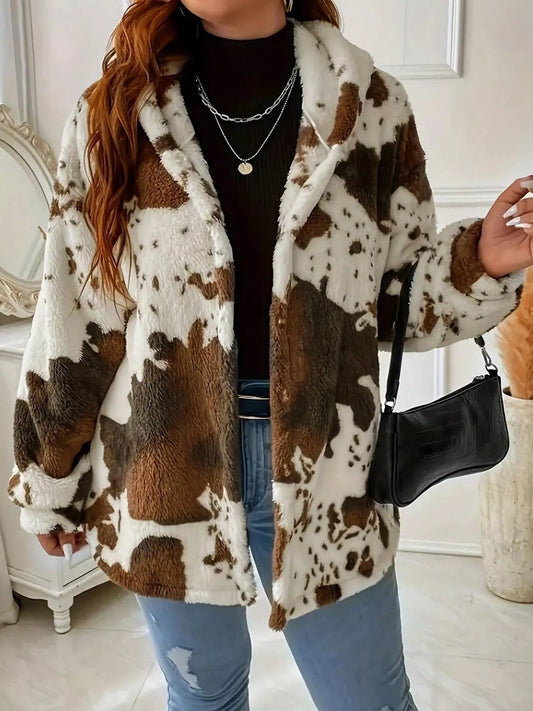 Cow Print Plush Hooded Outerwear - PBNJ FASHIONS