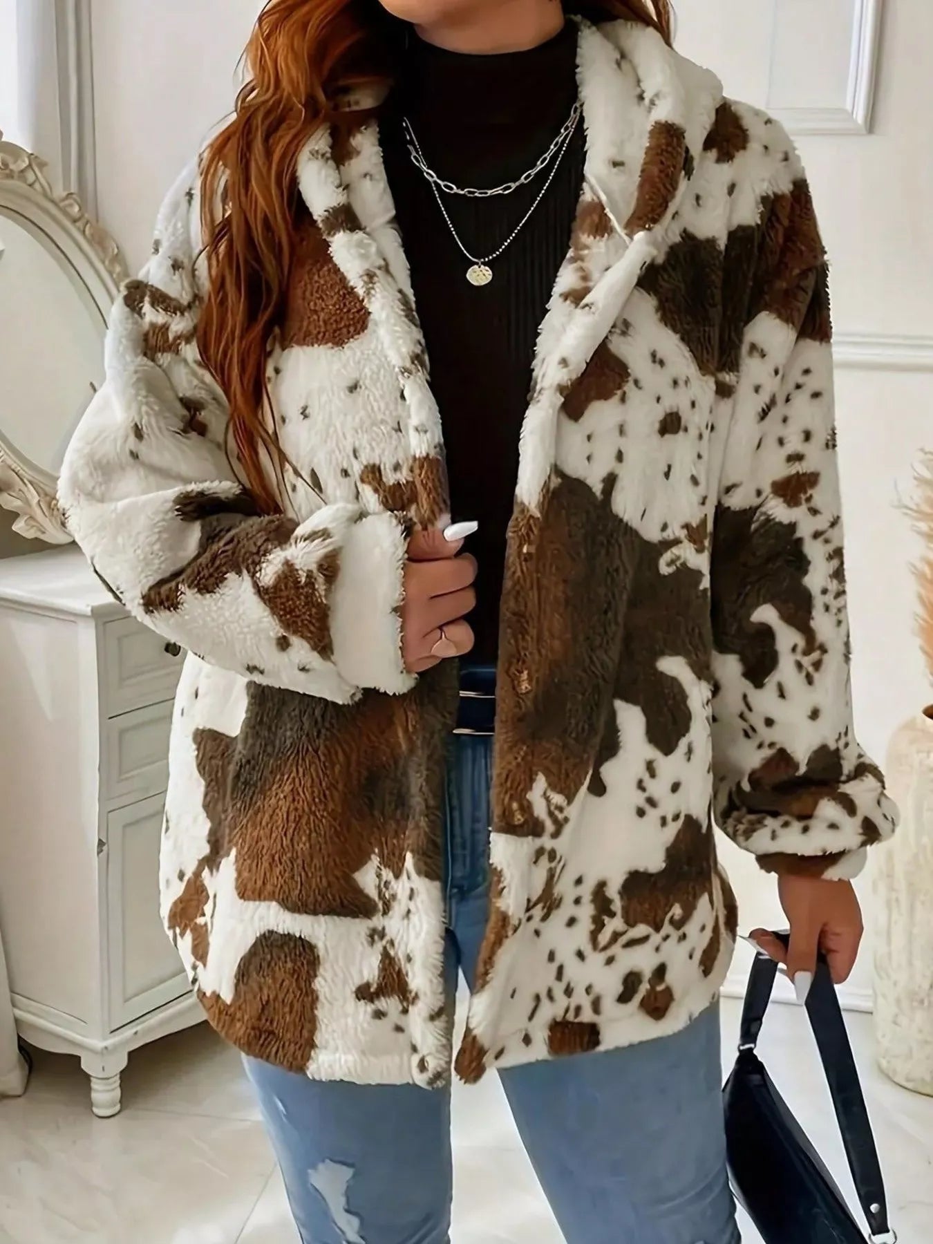 Cow Print Plush Hooded Outerwear - PBNJ FASHIONS