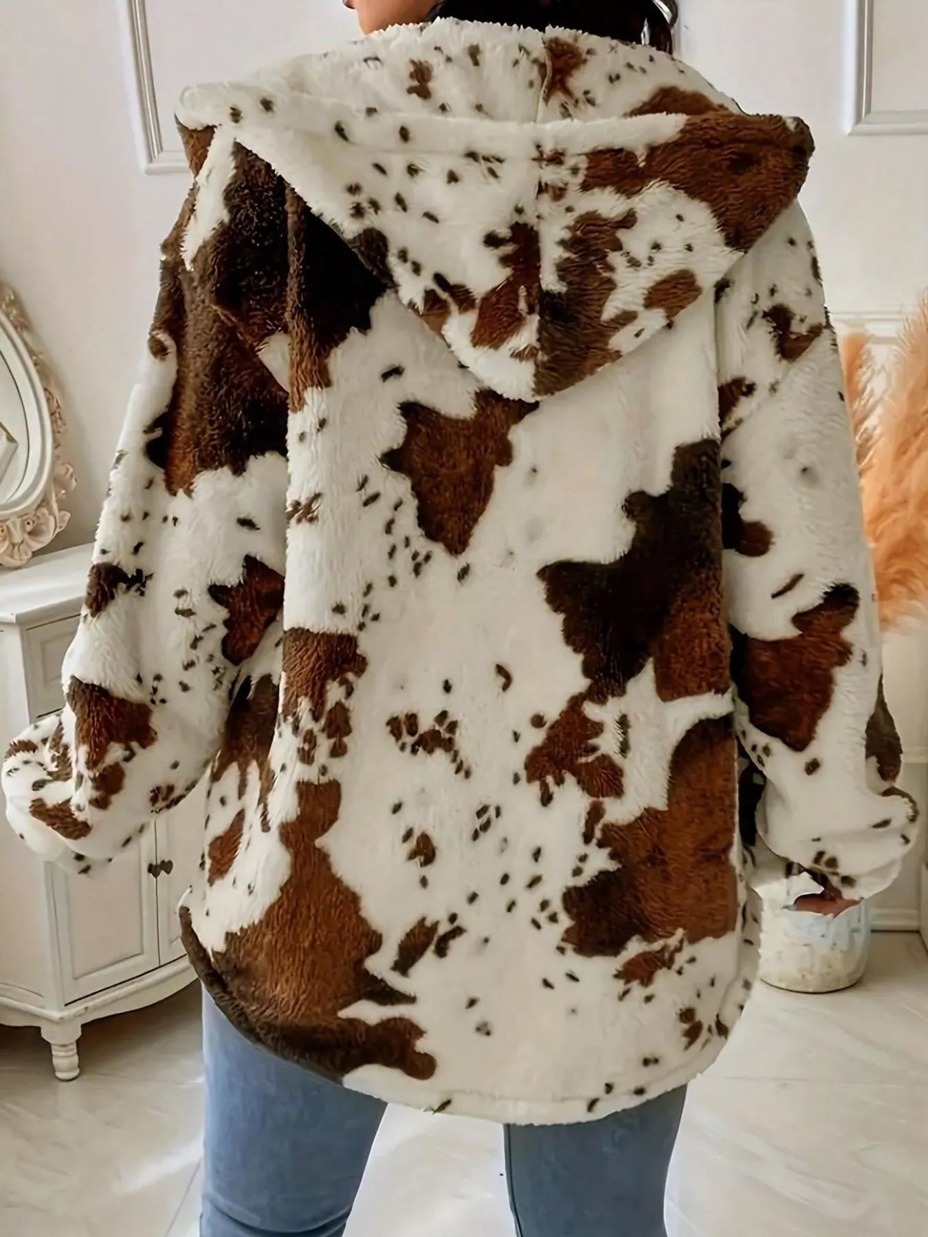 Cow Print Plush Hooded Outerwear - PBNJ FASHIONS