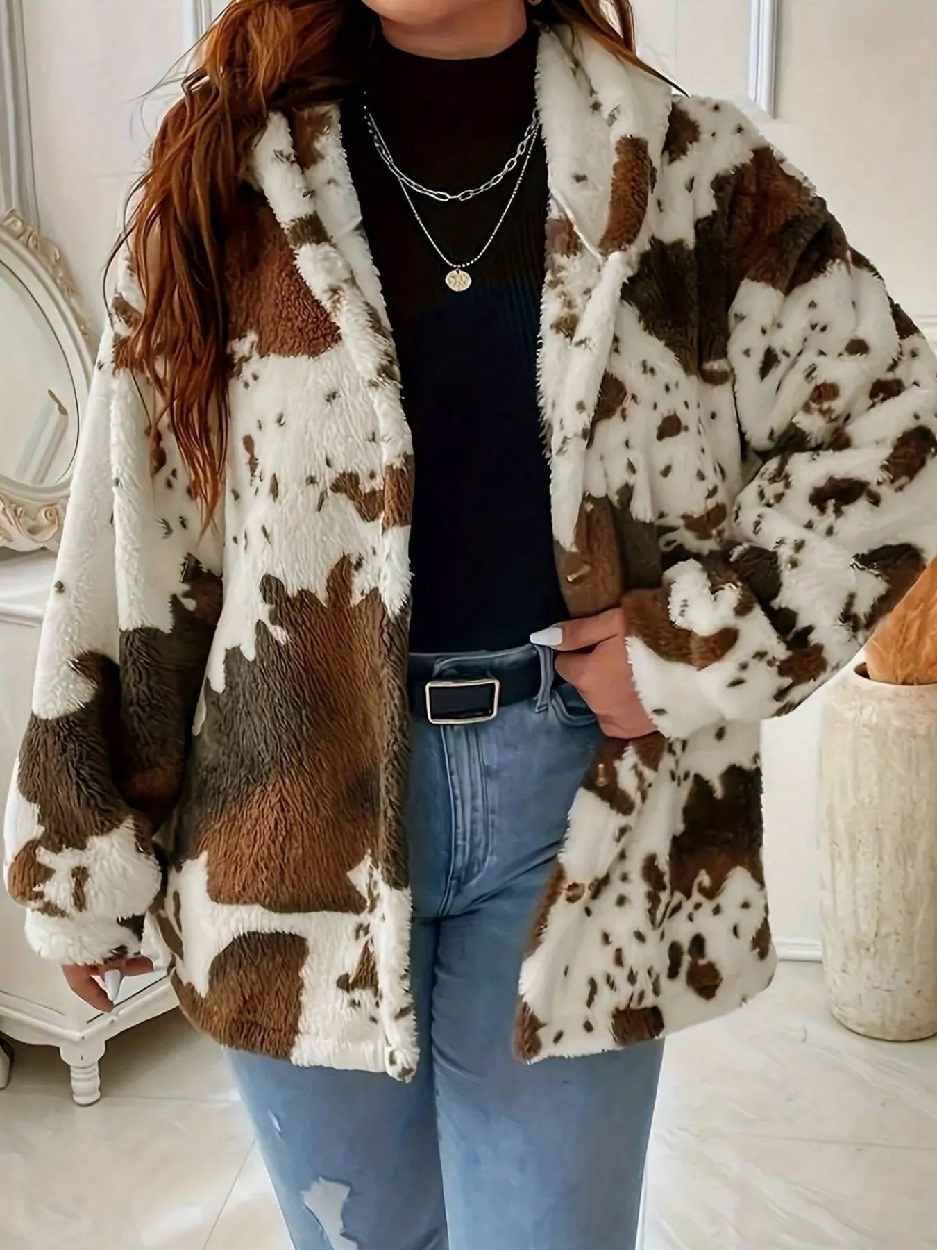 Cow Print Plush Hooded Outerwear - PBNJ FASHIONS