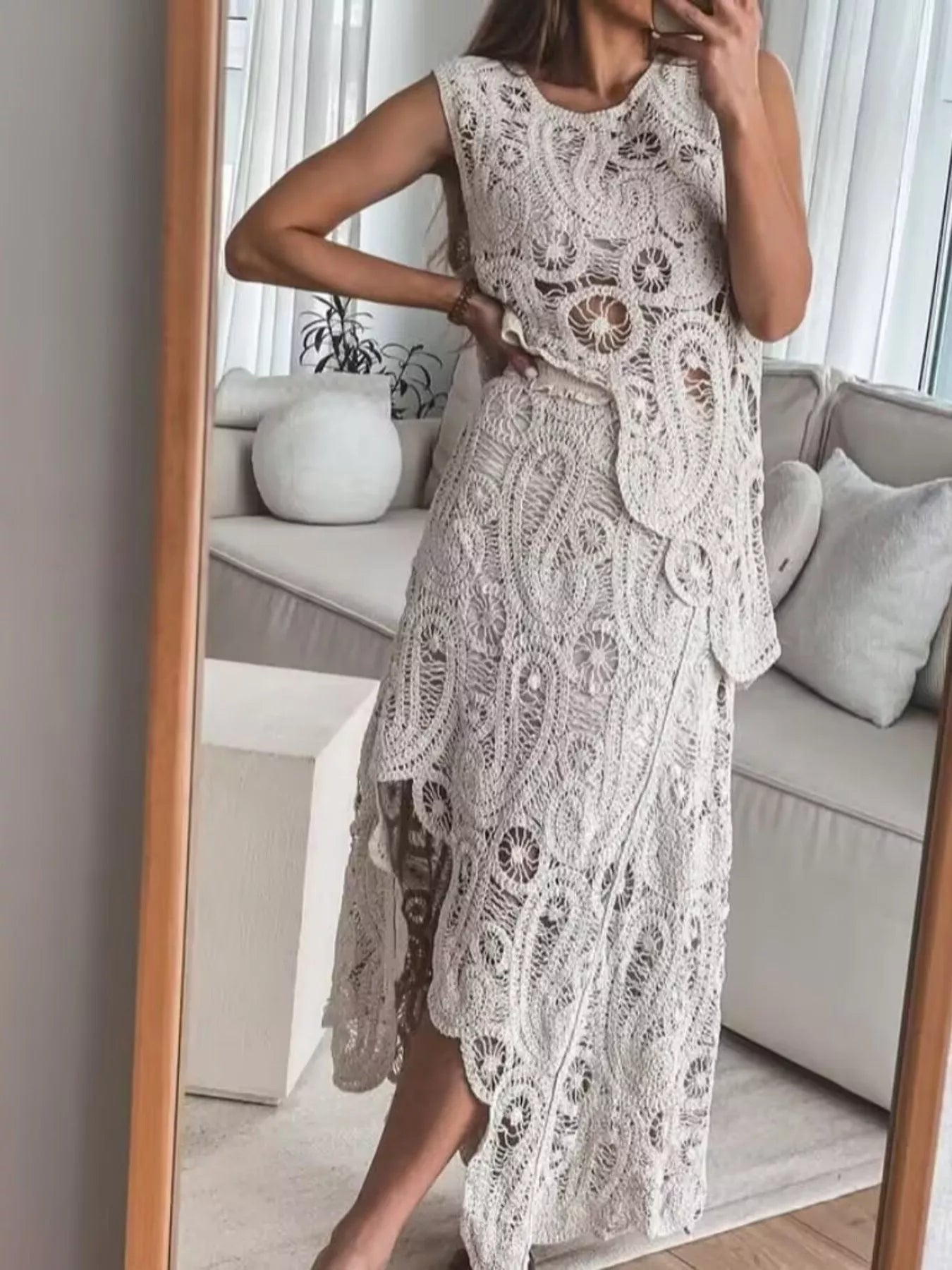 Crochet Sleeveless Tank and Skirt Set - PBNJ FASHIONS