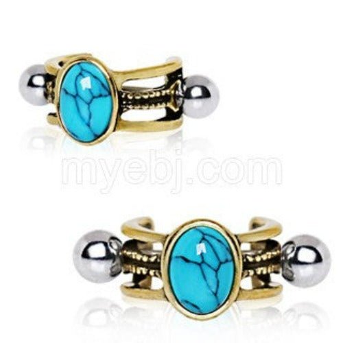 Antique Gold Cartilage Ear Cuff with Oval Turquoise Stone-2