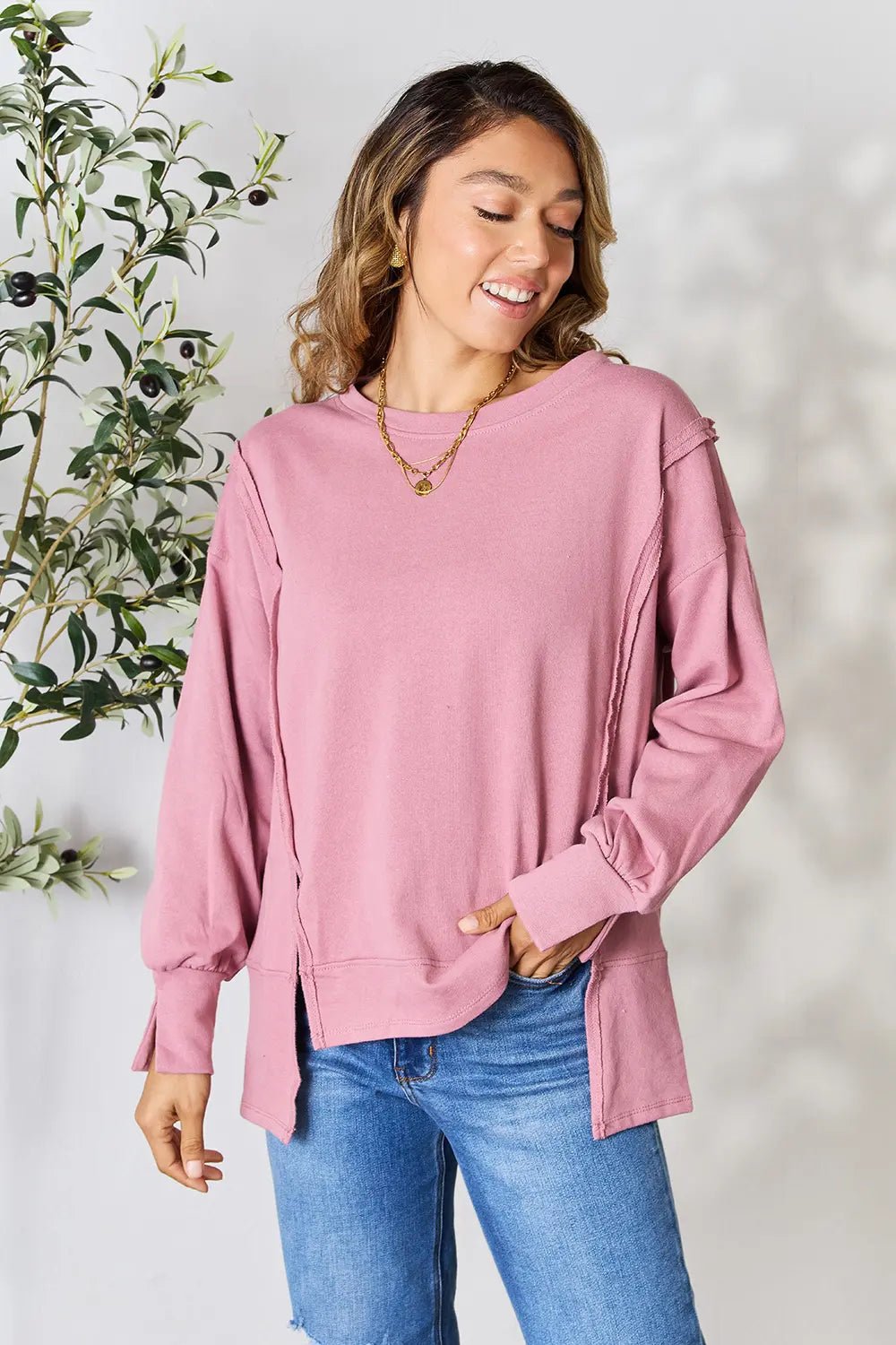 Culture Code Full Size Round Neck Exposed Seam Slit Top - PBNJ FASHIONS