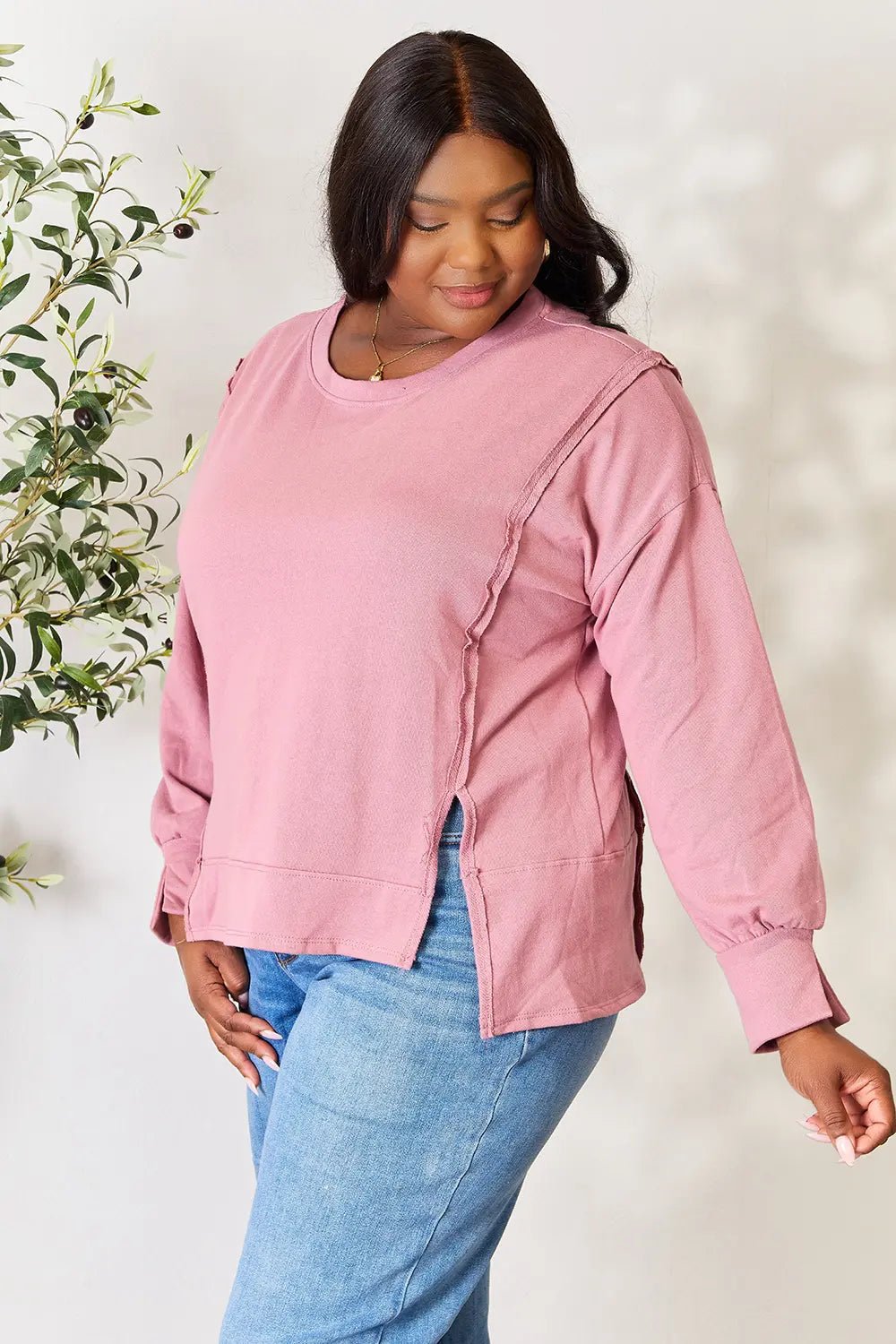 Culture Code Full Size Round Neck Exposed Seam Slit Top - PBNJ FASHIONS