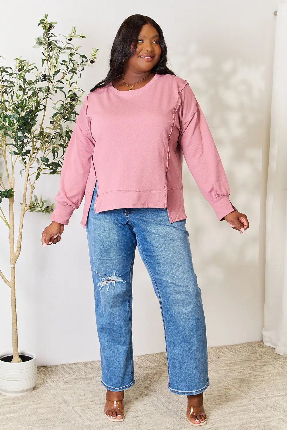 Culture Code Full Size Round Neck Exposed Seam Slit Top - PBNJ FASHIONS