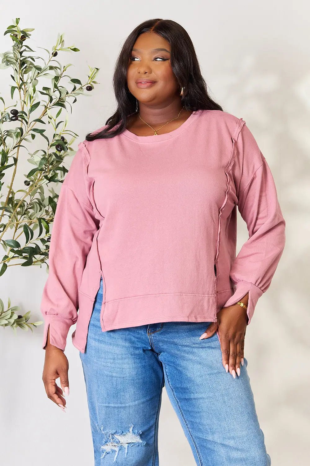 Culture Code Full Size Round Neck Exposed Seam Slit Top - PBNJ FASHIONS