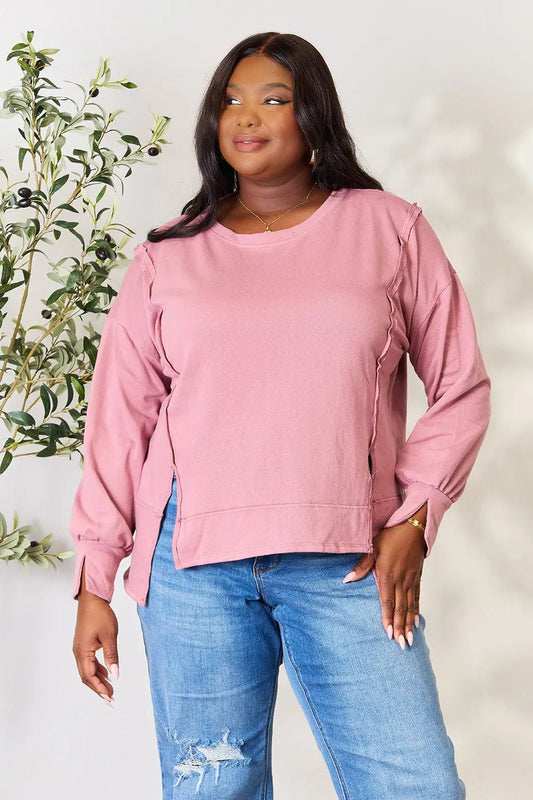 Culture Code Full Size Round Neck Exposed Seam Slit Top - PBNJ FASHIONS