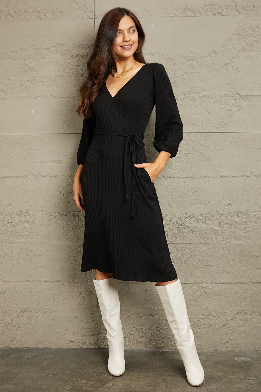 Culture Code Full Size Surplice Flare Ruching Dress - PBNJ FASHIONS