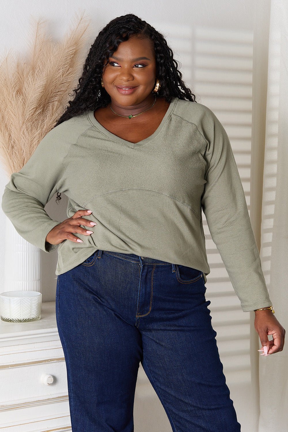 Culture Code Full Size V - Neck Long Sleeve T-Shirt - PBNJ FASHIONS
