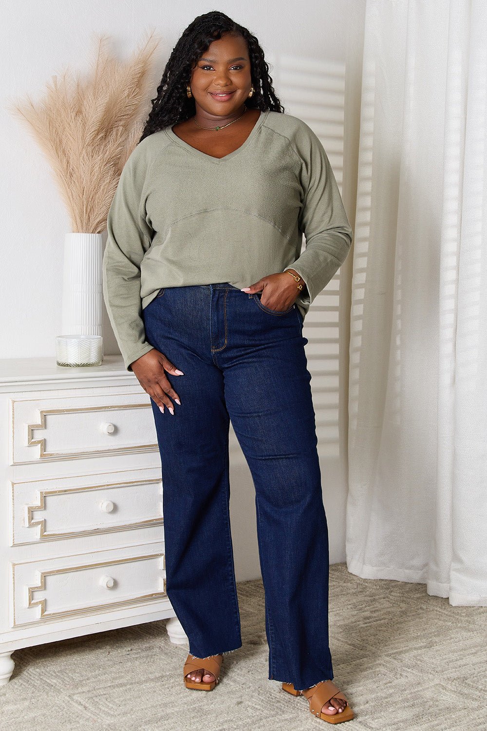 Culture Code Full Size V - Neck Long Sleeve T-Shirt - PBNJ FASHIONS