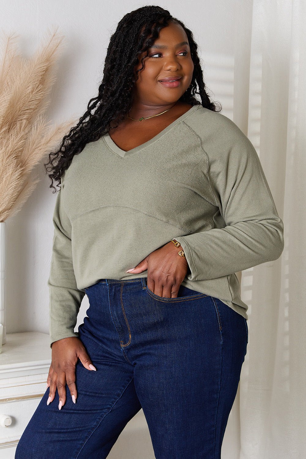 Culture Code Full Size V - Neck Long Sleeve T-Shirt - PBNJ FASHIONS