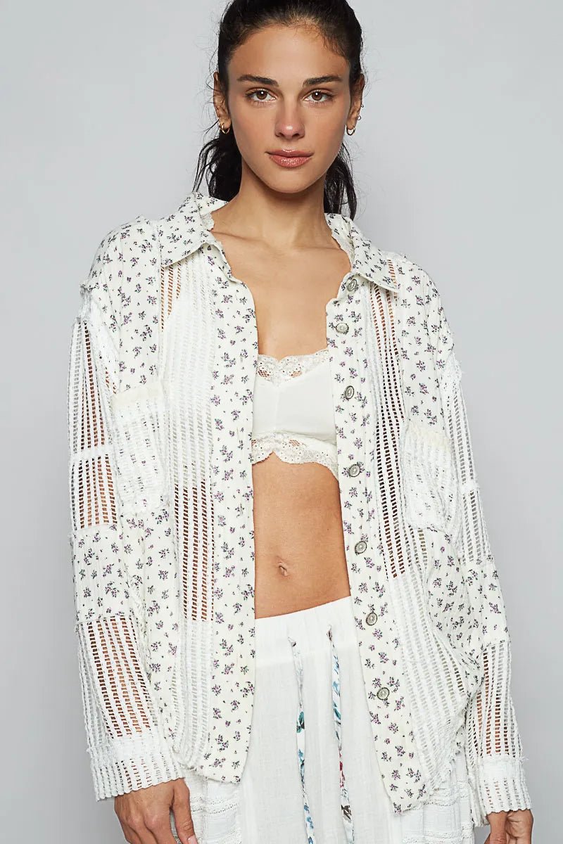 POL Floral Crochet Patchwork Long Sleeve Shirt - PBNJ FASHIONS