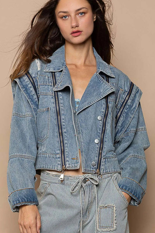 POL Cropped Denim Jacket with Functional Zipper Detail - PBNJ FASHIONS
