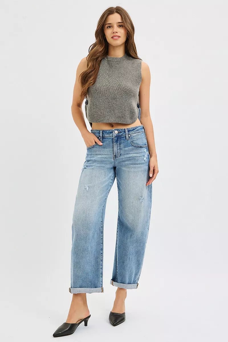 RISEN Full Size Slouchy Ankle Length Barrel Jeans with Cuffs Plus Size - PBNJ FASHIONS
