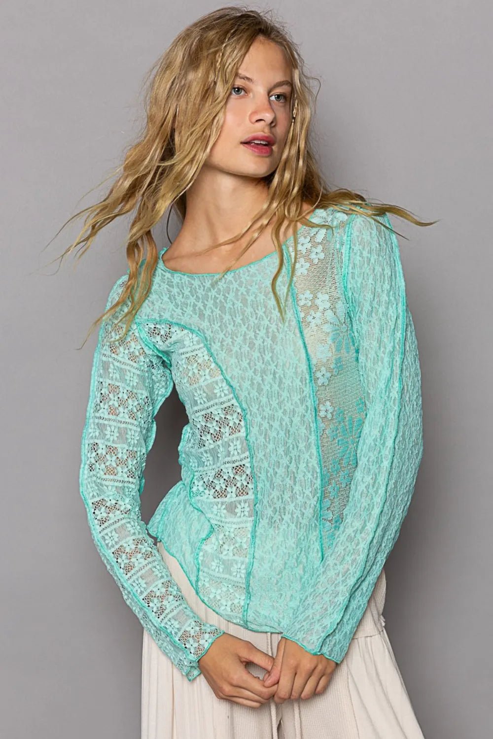 POL Exposed Seam Long Sleeve Lace Knit Top - PBNJ FASHIONS