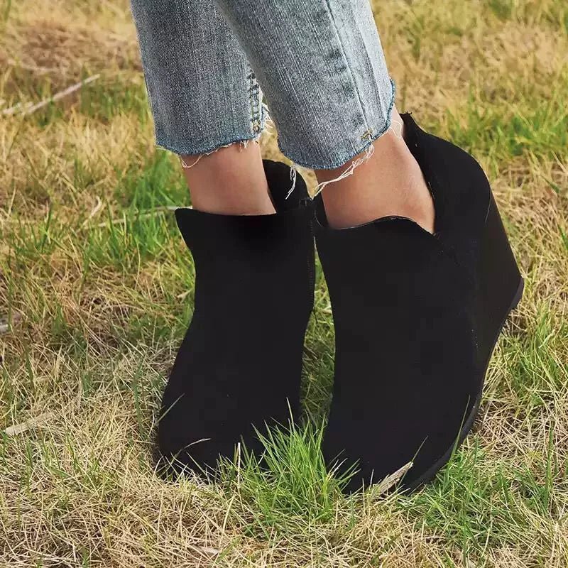 Side Zipper Wedge Boots - Heel Suede Shoes, Sizes US 5-11 - PBNJ FASHIONS