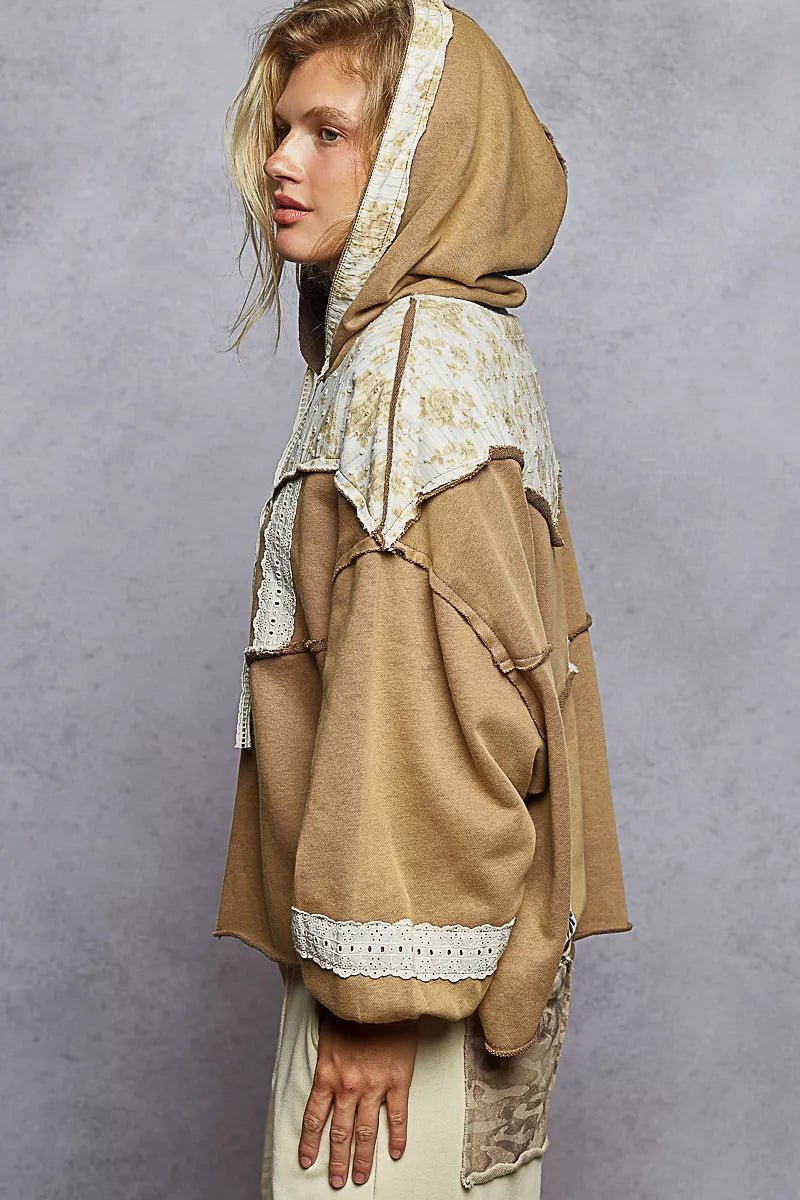 POL Drawstring French Terry Hoodie with Gauze Print Patch - PBNJ FASHIONS