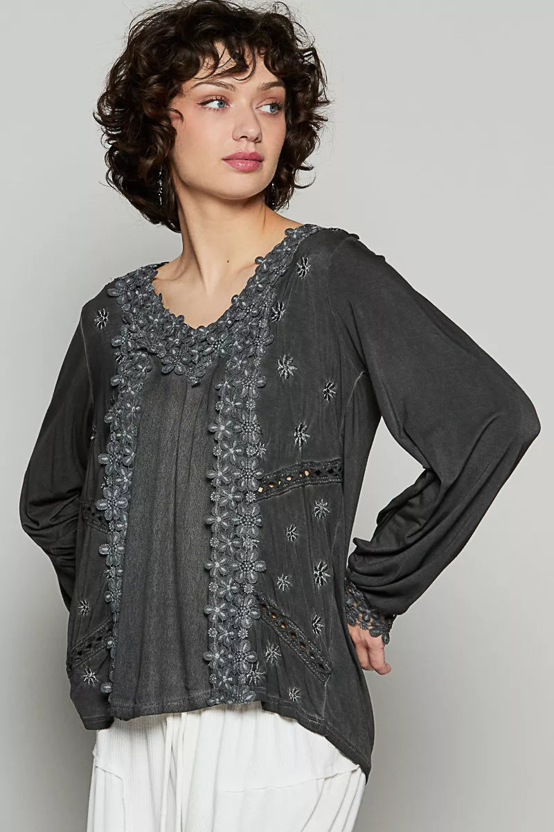 POL Floral Embroidery Woven Top with Lace Trim - PBNJ FASHIONS