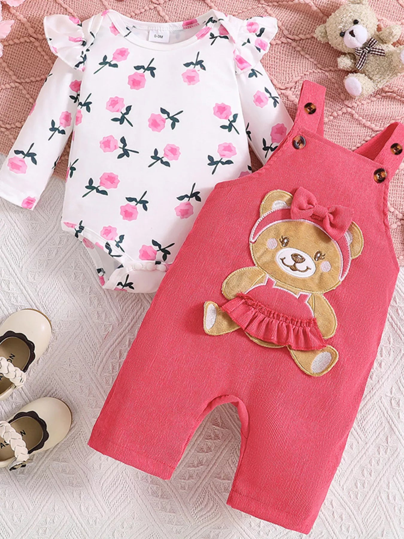 Children's Floral Print Ruffle Trim Bodysuit & Bear Applique Overalls Set - PBNJ FASHIONS