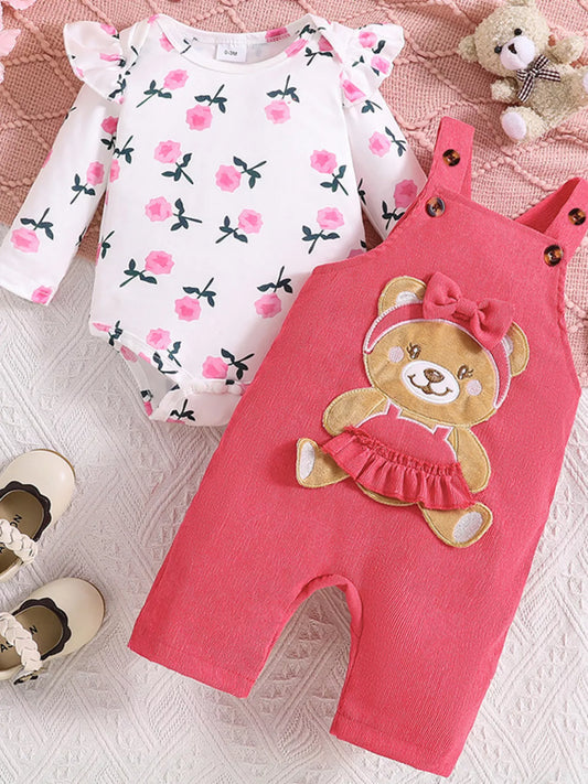 Children's Floral Print Ruffle Trim Bodysuit & Bear Applique Overalls Set - PBNJ FASHIONS