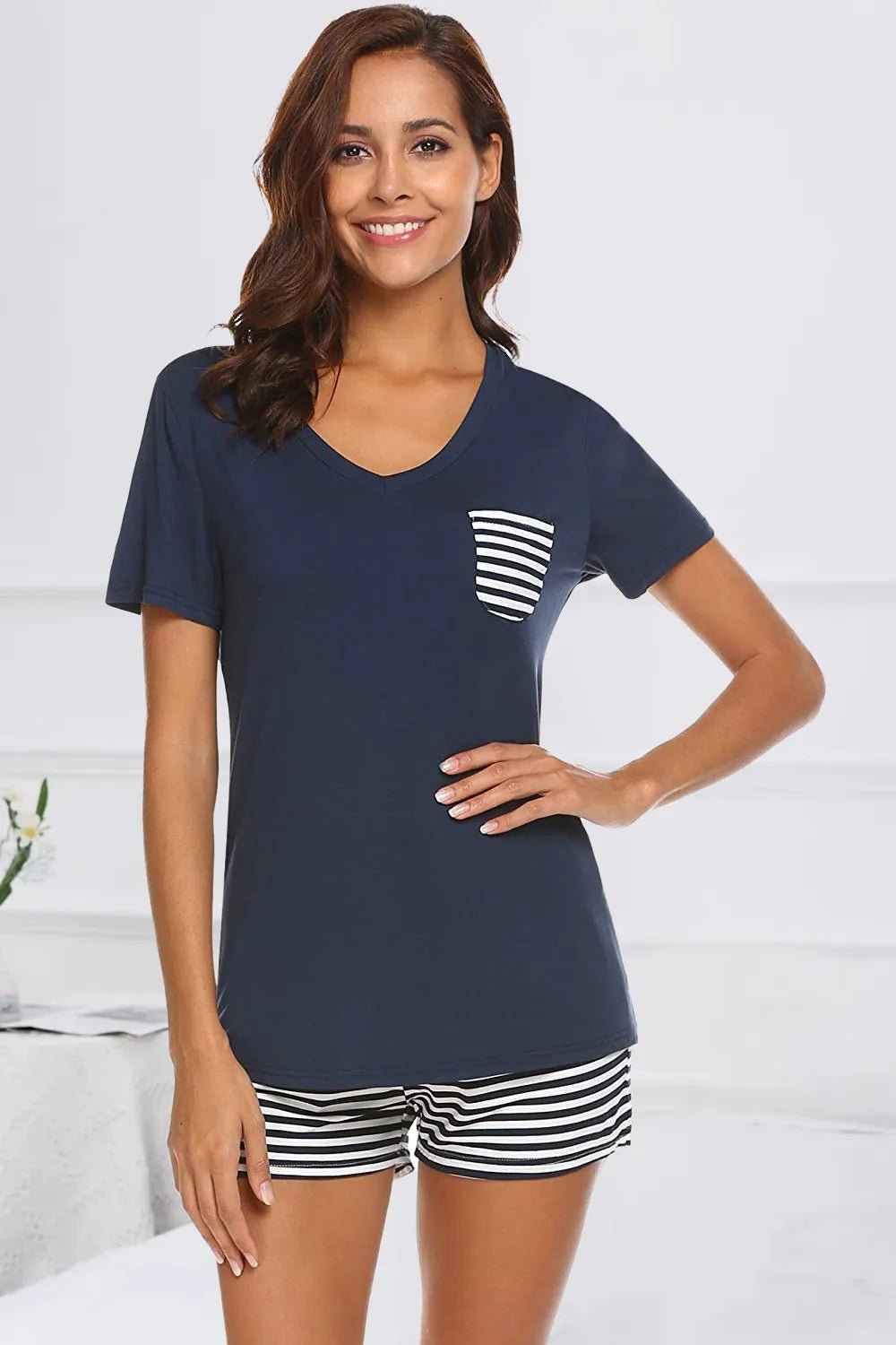 Striped Short Sleeve Top and Shorts Lounge Set - PBNJ FASHIONS