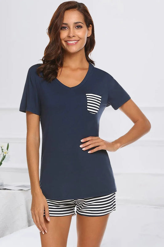 Striped Short Sleeve Top and Shorts Lounge Set - PBNJ FASHIONS
