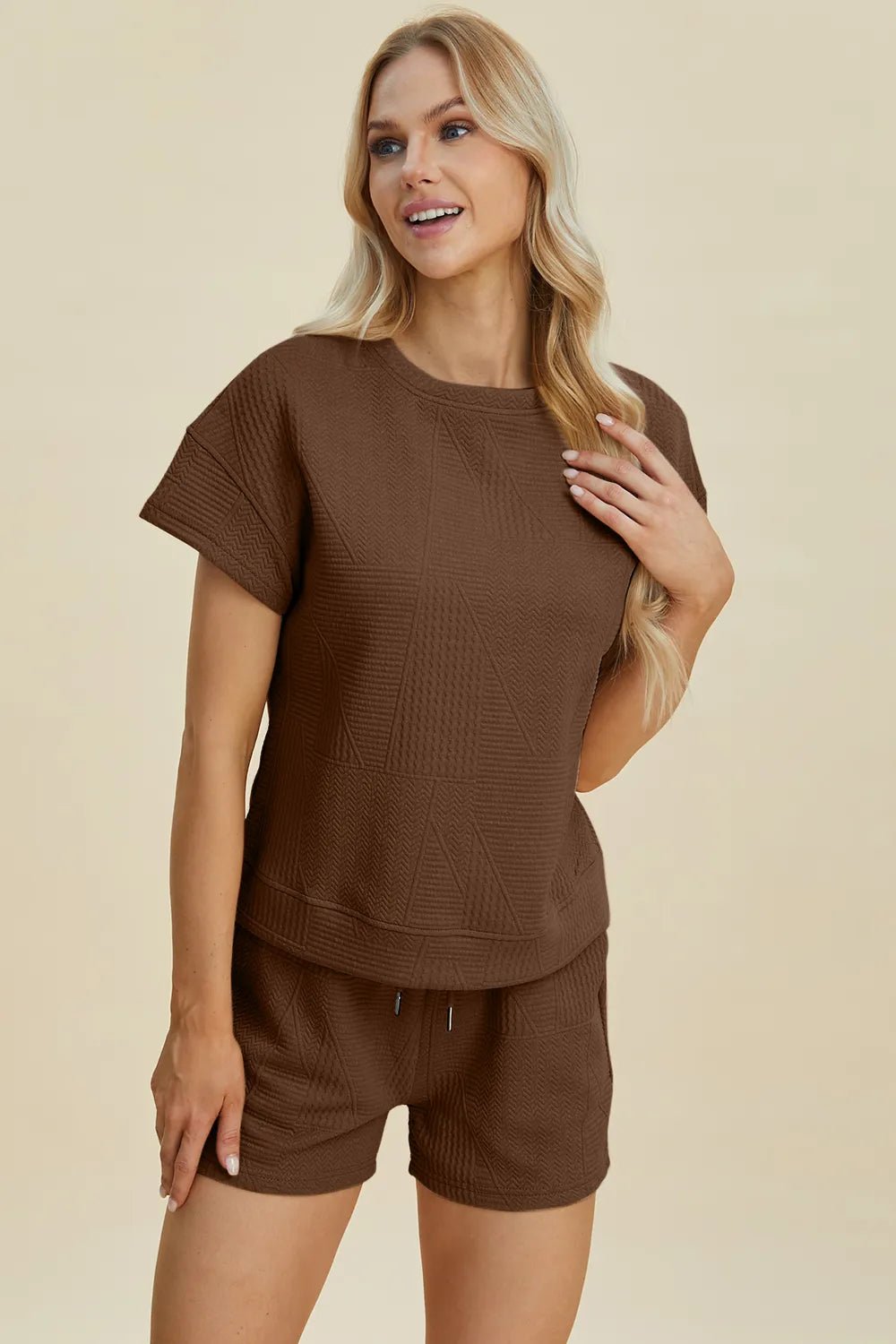 Double Take Full Size Texture Short Sleeve Top and Shorts Set - PBNJ FASHIONS