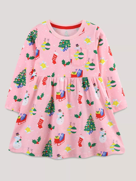 Children's Christmas Print Long Sleeve Casual Dress - PBNJ FASHIONS