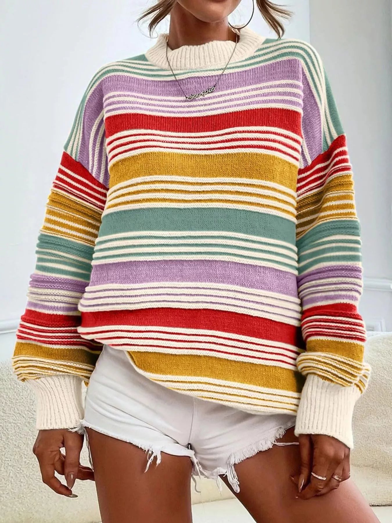 Striped Knit Long Sleeve Sweater - PBNJ FASHIONS