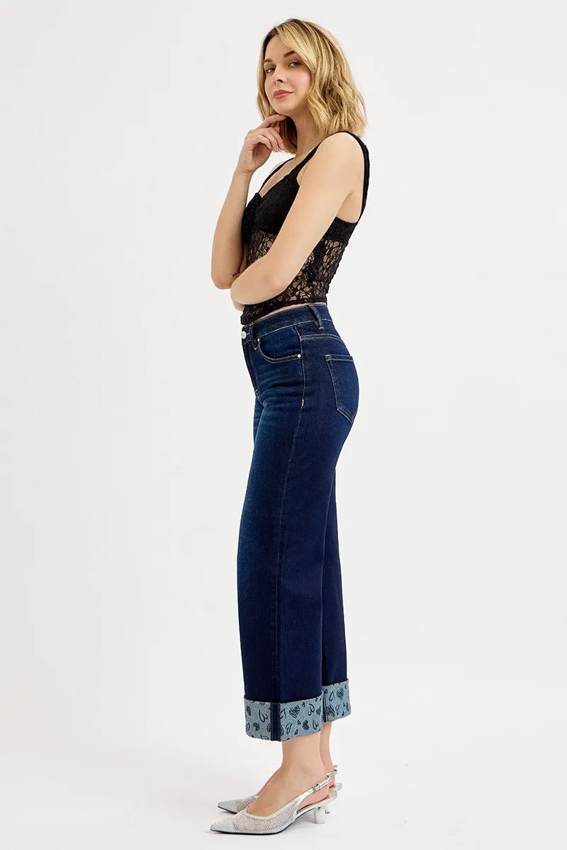 RISEN Full Size Mid Rise Fit Crop Wide With Printed Cuff Jeans Plus Size - PBNJ FASHIONS