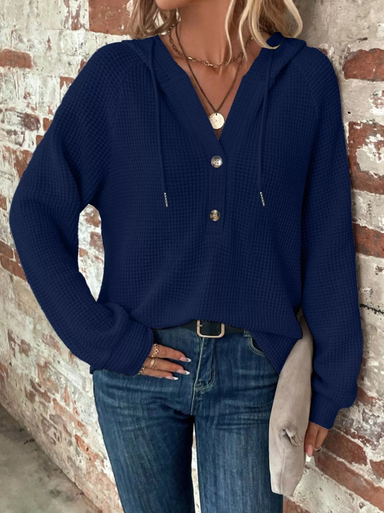 Waffle Knit Button Detail Hoodie - PBNJ FASHIONS