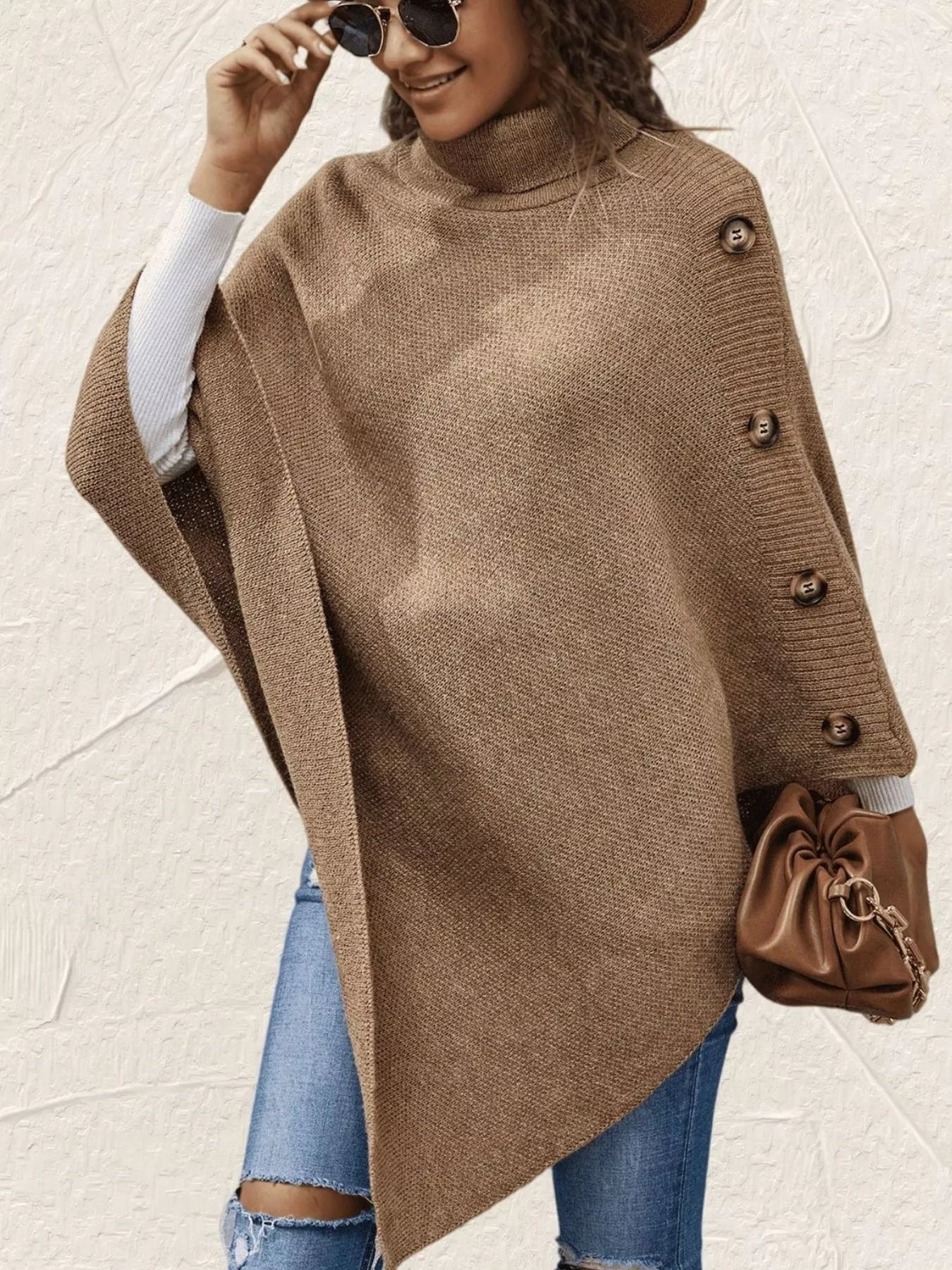 Button - Decor Turtleneck Poncho Pullover - PBNJ FASHIONS