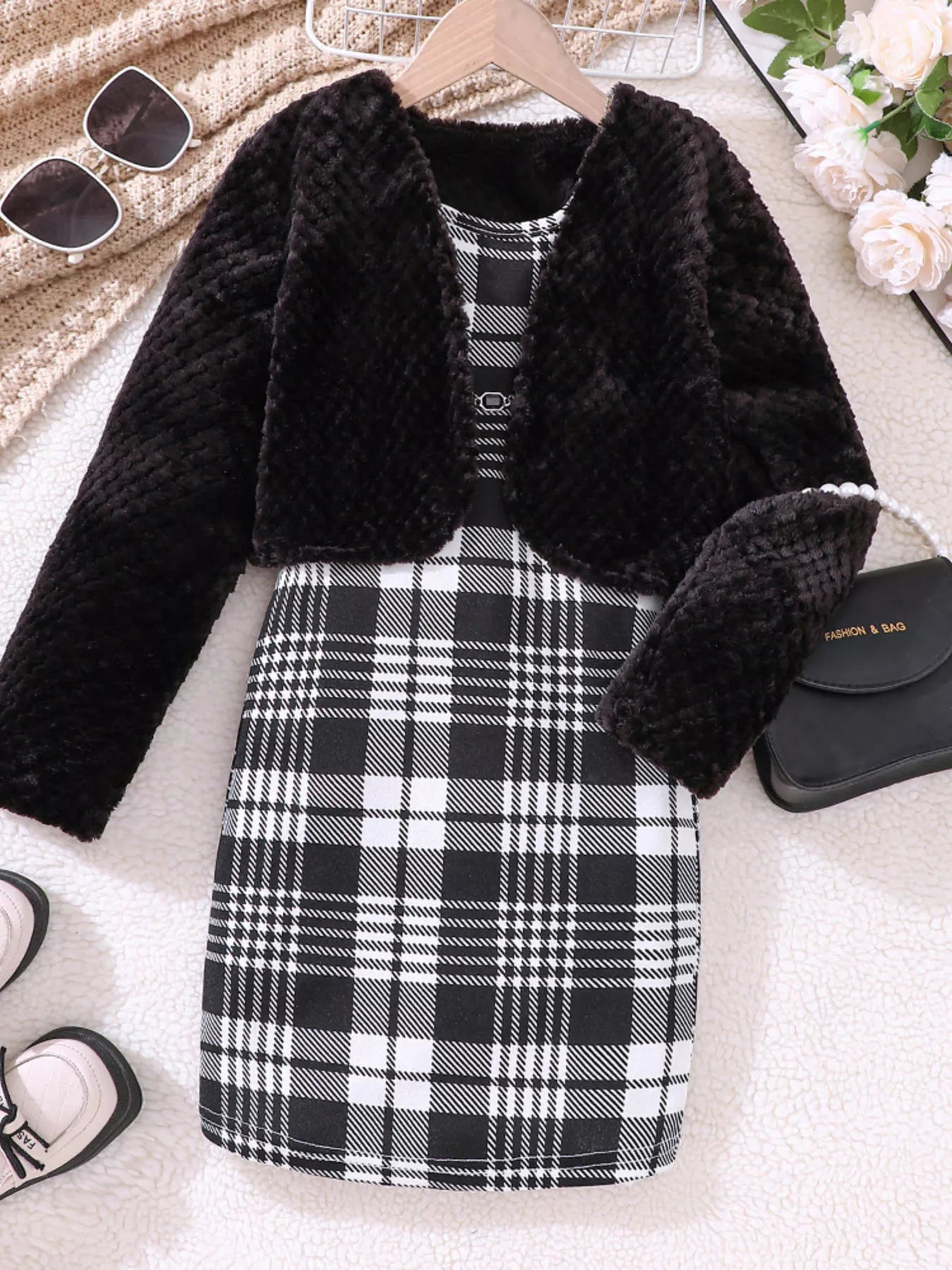 Children's Fuzzy Cardigan & Plaid Dress Set - PBNJ FASHIONS