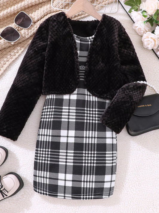 Children's Fuzzy Cardigan & Plaid Dress Set - PBNJ FASHIONS
