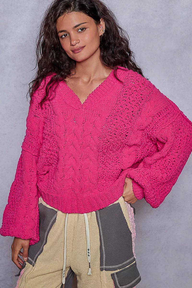 POL Cable - Knit Solid V - Neck Cropped Sweater - PBNJ FASHIONS