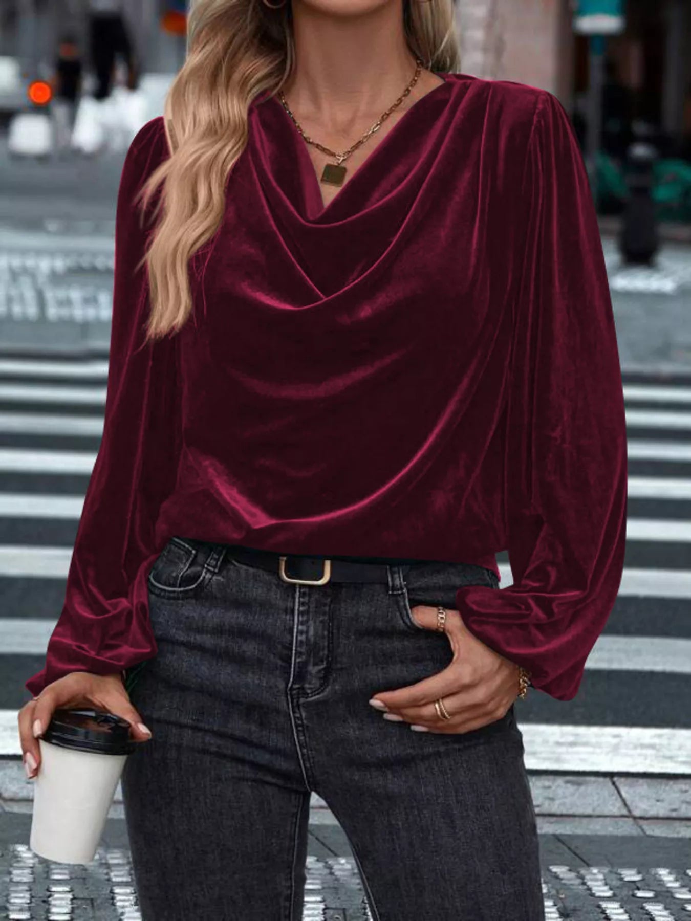 Full Size Velvet Cowl Neck Blouse Plus Size - PBNJ FASHIONS