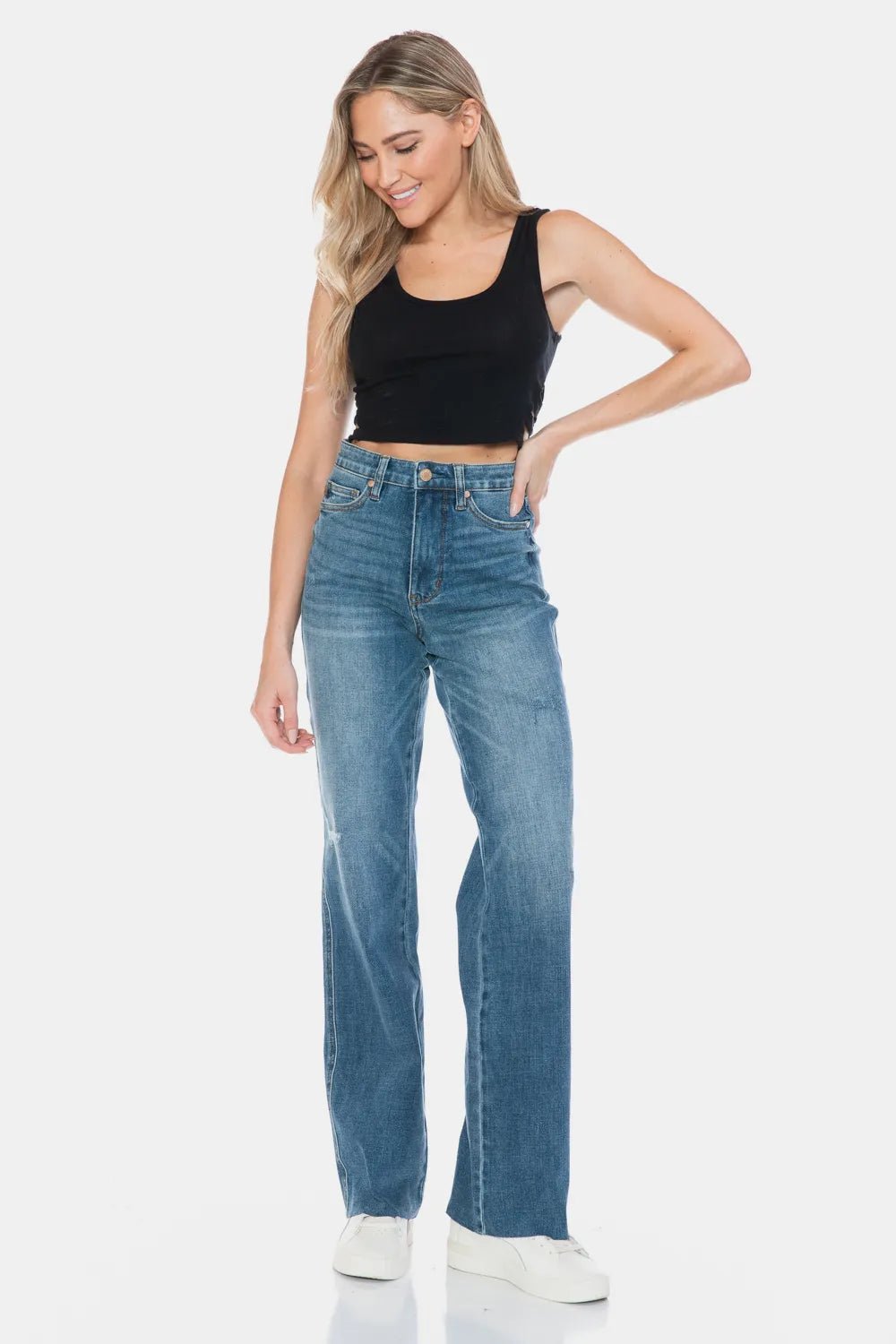Judy Blue Full Size Tummy Control Cut Raw Hem Straight Jeans - PBNJ FASHIONS