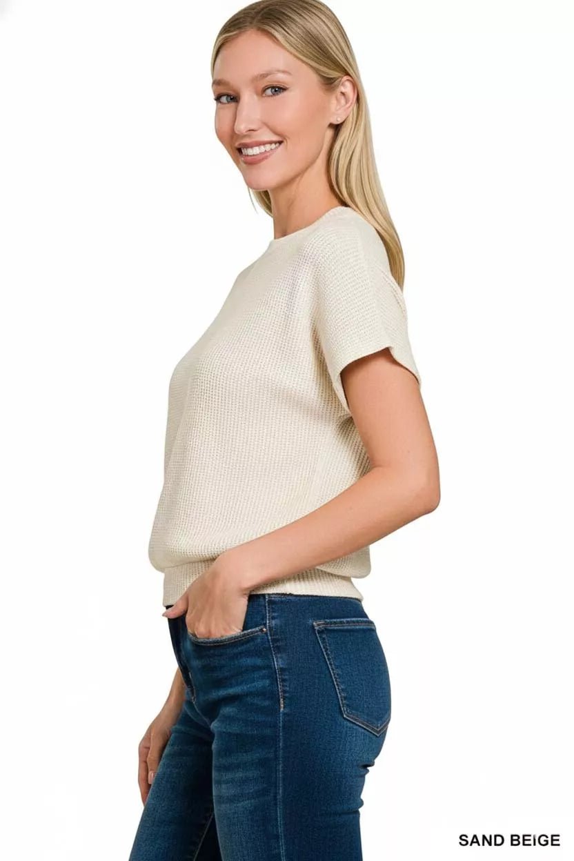 Zenana Round Neck Banded Botton Short Sleeve Sweater - PBNJ FASHIONS