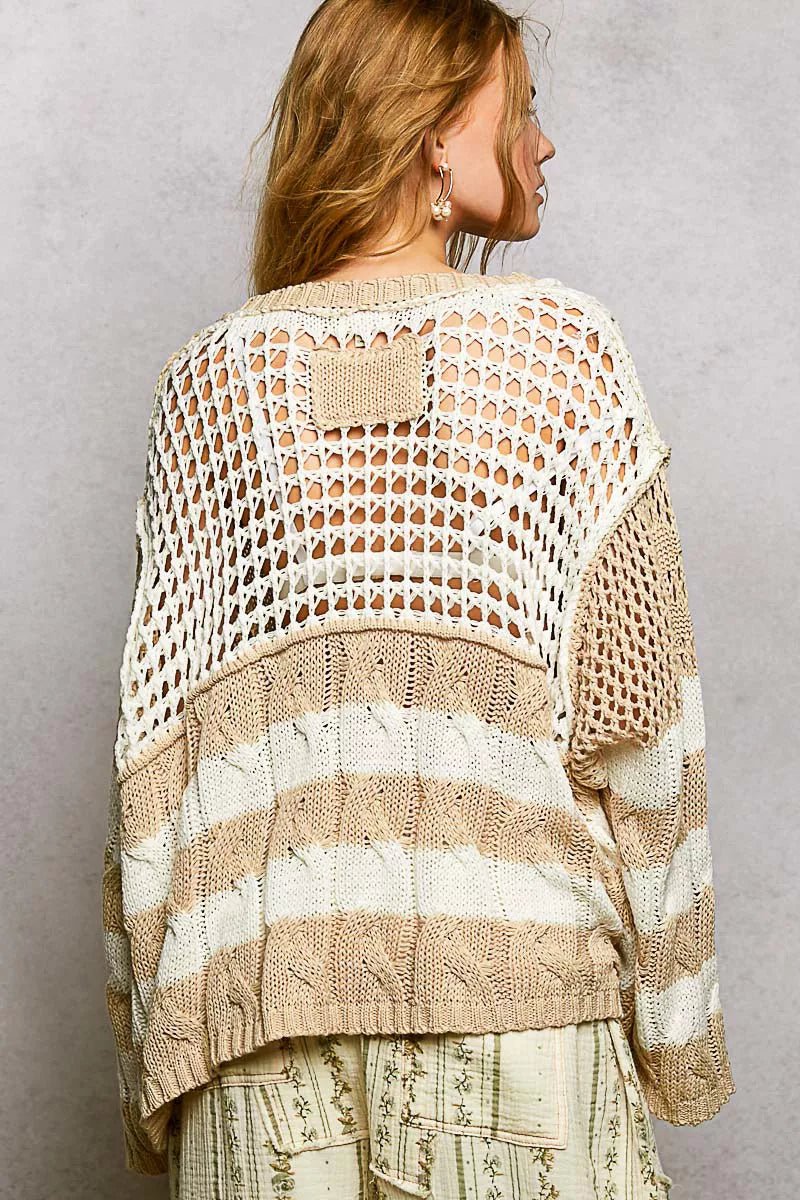 POL Color - Blocked Stripe Pattern Knit Top with Twisted Weave - PBNJ FASHIONS