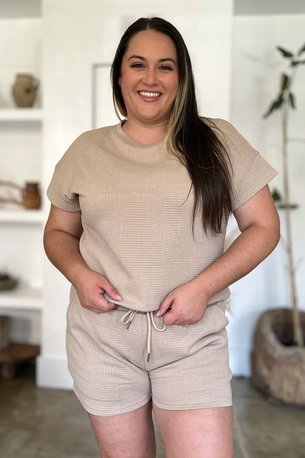 Double Take Full Size Texture Short Sleeve Top and Shorts Set - PBNJ FASHIONS